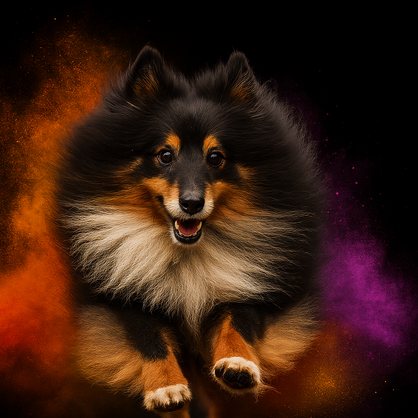 Sheltie in beweging met een dikke, verzorgde ondervacht